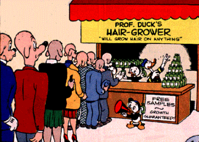 But it turns out that his mild explosions cause people's hair to fall out, just like the radioactivity from real atomic bombs, so he gets rich anyway-selling hair-restoring tonic.