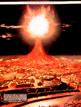 Although the USSR starts the war by invading Western Europe, the U.S. is the first to use nuclear weapons, here destroying Moscow, but not so thoroughly that prisoners cannot crawl away from the rubble of the Lubianka Prison. During this period almost everyone had difficulty estimating the scope of the damage that would be inflicted by a bomb.