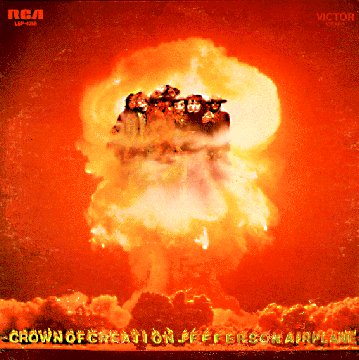 The most famous such rock record jacket art is from the Jefferson Airplane's Crown of Creation, whose photo credits claim that this is a picture of the Hiroshima bomb (though it seems actually to be from a September 14, 1957 Nevada test). The title song was inspired by a passage in a well-known postholocaust science fiction novel, The Chrysalids by John Wyndham, in which the new, mutant generation is praised as superior to normal humans. A nuclear cloud featured less prominently a year earlier on Grateful Dead.
