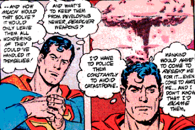 In recent decades it has become apparent that there are no easy solutions to the nuclear menace. Superman's only solution in this story is to raise the next generation to be less hostile and violent. You may recognize a close similarity between this story and the plot of the 1988 film, Superman IV: The Quest for Peace.
