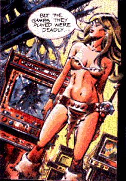 In this frame from the AXA strip we see her musing on prewar videogames such as "Desastre Nuclear," visible in the background. 
